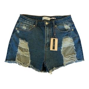 ✨Denim Blvd✨ NWT High Rise Distressed Sequin Mesh Denim Short Shorts